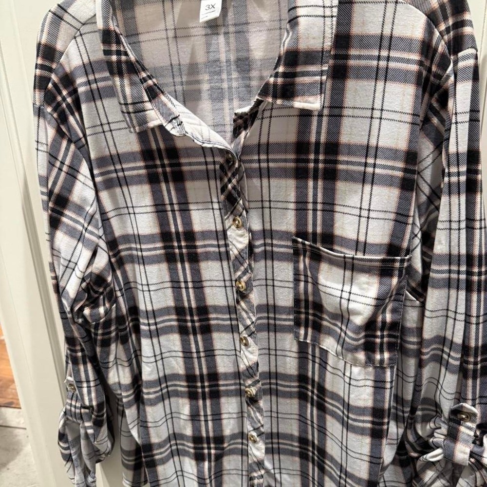 Just Be Womens Plaid Button Down Shirt White Black Oversized 3X Roll Tab Sleeve